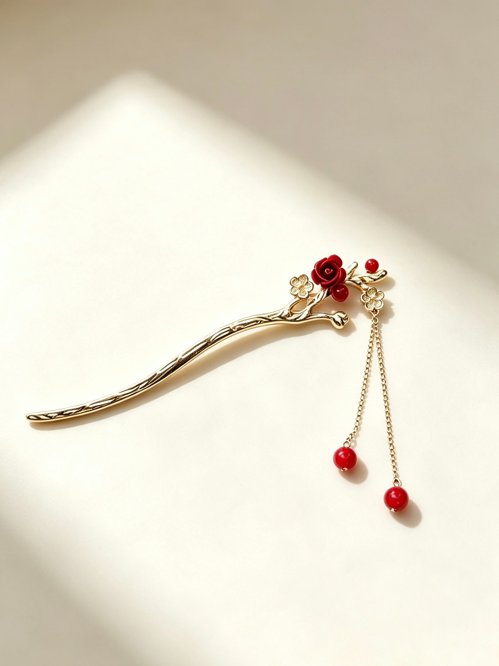 Joseph Arthur Floral Branch Hair Stick with Beaded Chain