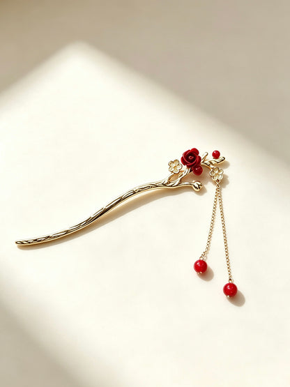 Joseph Arthur Floral Branch Hair Stick with Beaded Chain